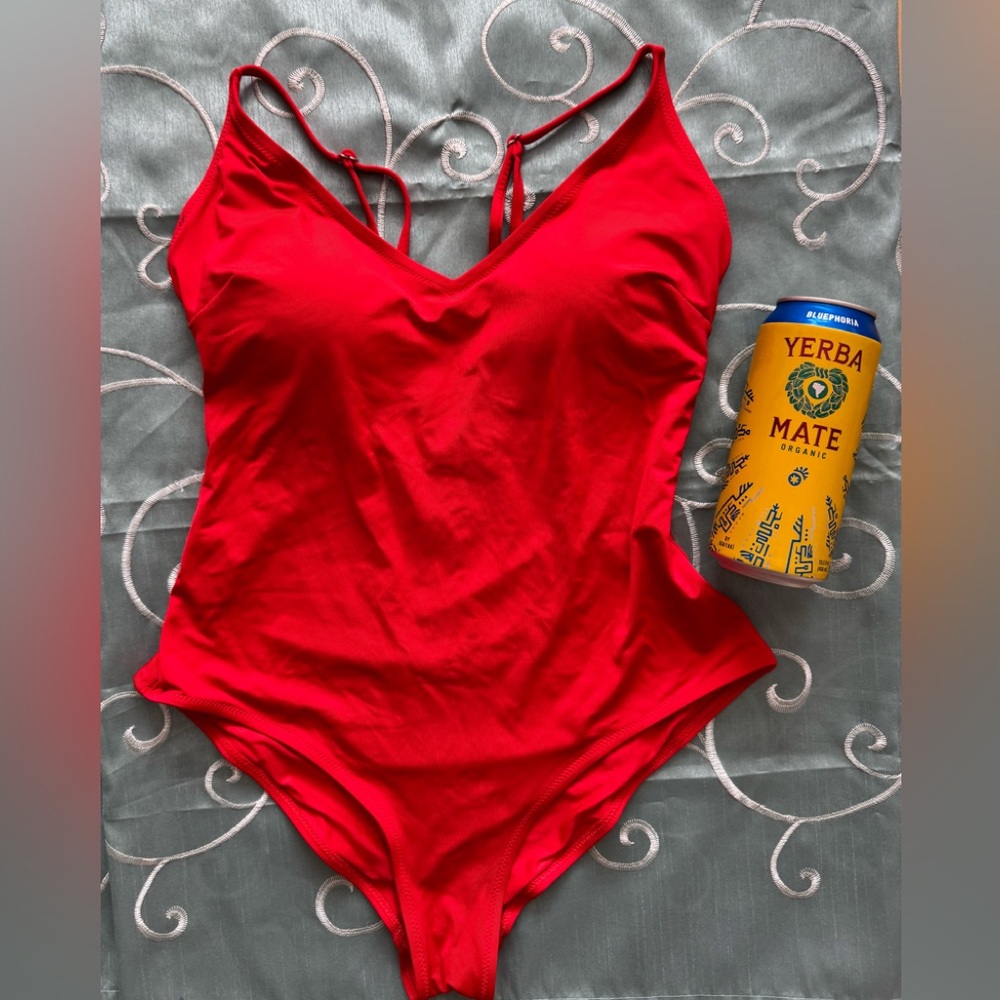 H&M one piece red swimsuit size 8 high legs and V neck
